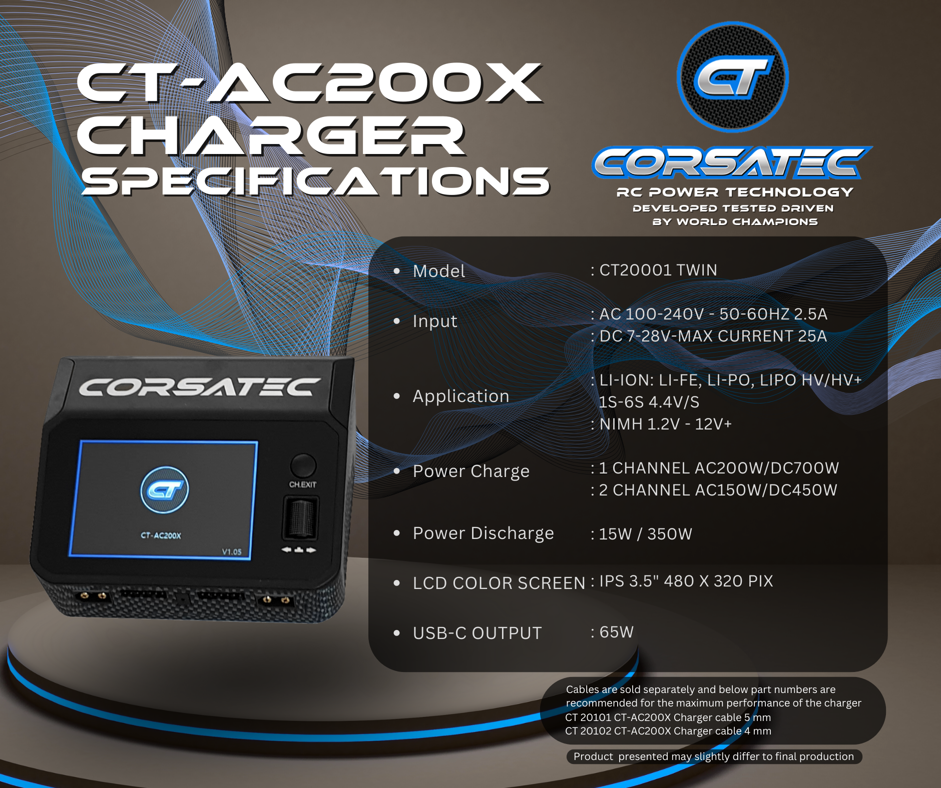 Corsatec Lipo Dual Pro AC/DC Charger + PK5 CT20001-C Charging Cord