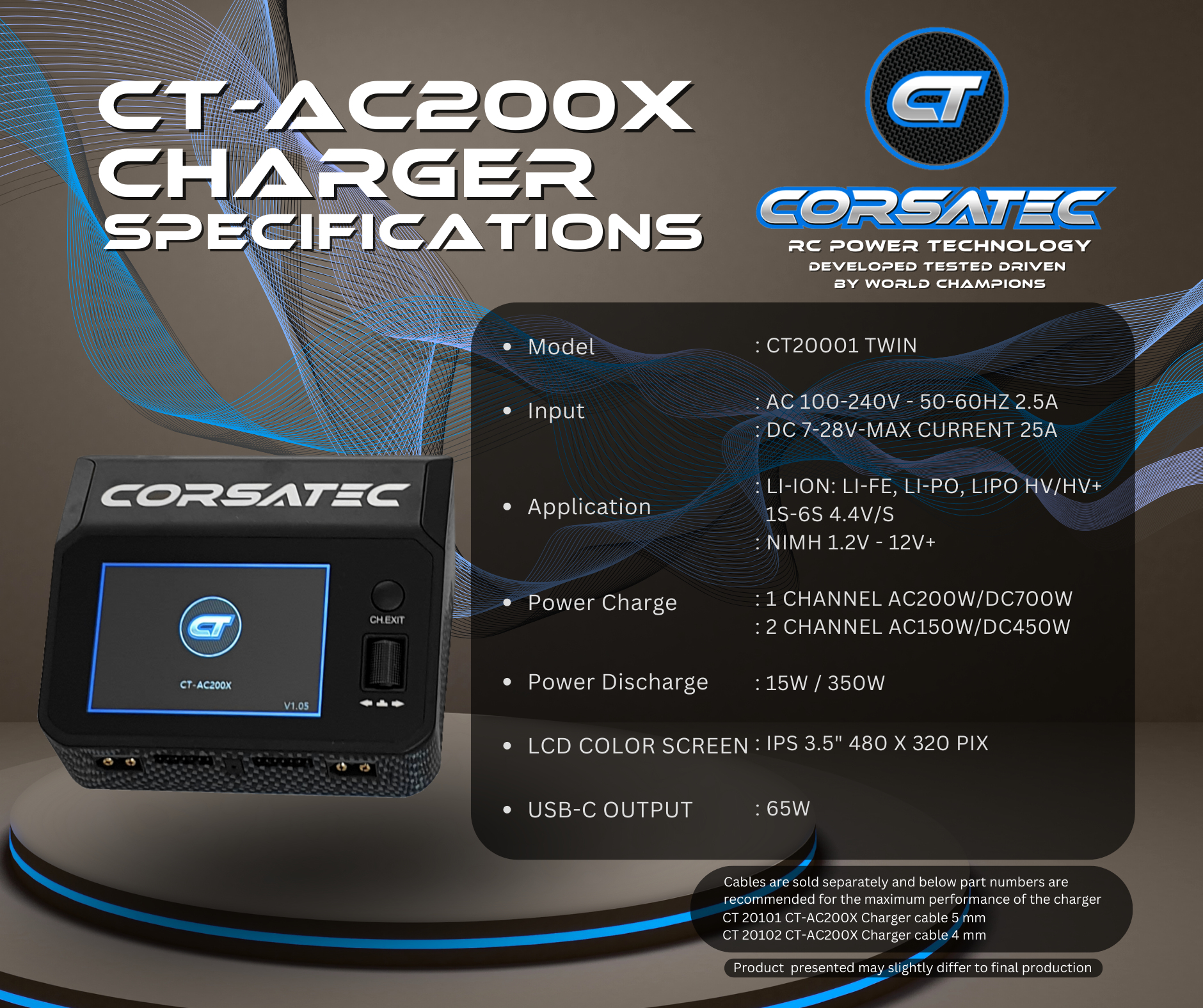 Corsatec Chargeur Lipo Dual Pro AC/DC + Cordon de Charge PK5 CT20001-C