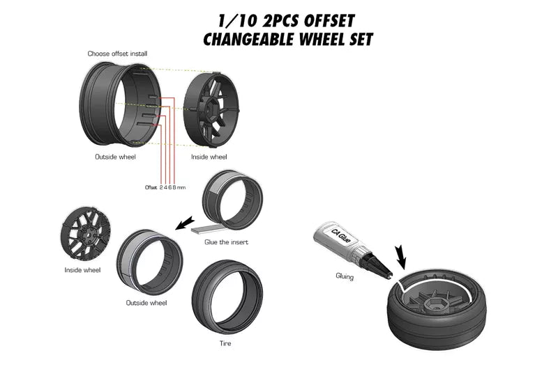 Louise RC Pneus Drift + Jantes 5 bâtons avec Déport réglable (4Pcs) 1/10