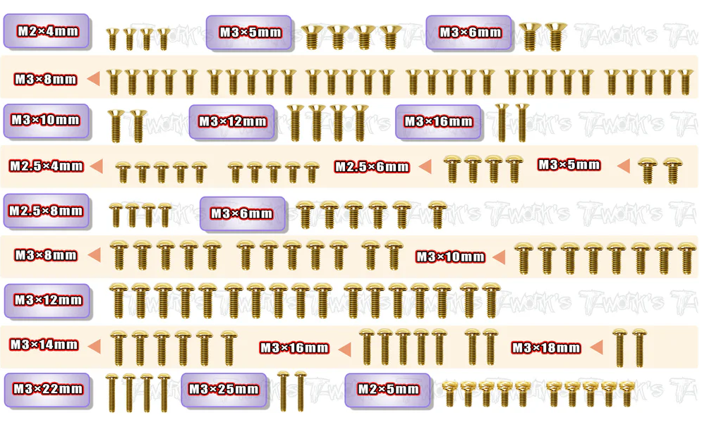 Kit completo de parafusos de aço nitretado dourado da T-Work XRay XB2C GSS-XB2C-26