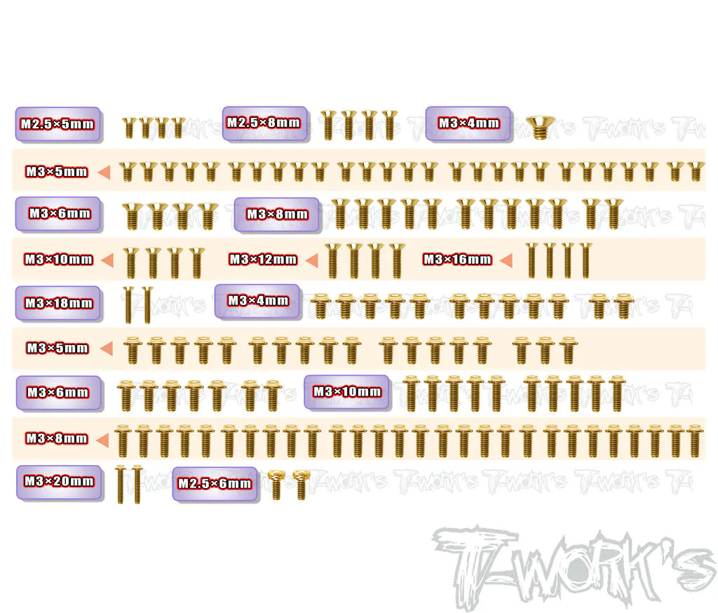 Kit completo de parafusos de aço nitretado dourado da T-Work (145 unidades) X4 2026 GSSU-X4-26