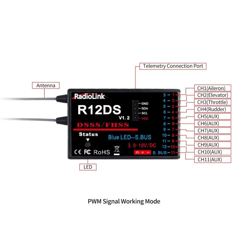 Radiolink Récepteur 12 voies pour radio AT10II RDL-0-R12DS