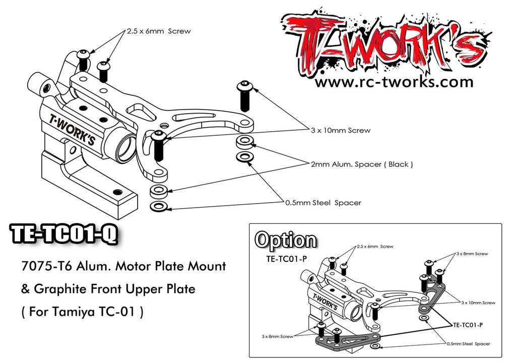 T-Work's Support Moteur Complet Alu Tamiya TC-01 TE-TC01-Q
